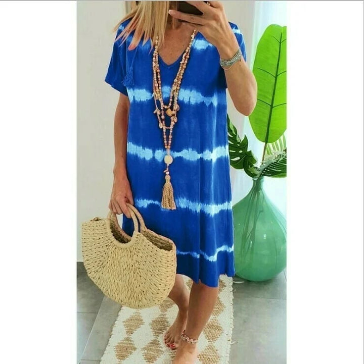 IVANA™ | ROBE T-SHIRT AMPLE À MANCHES CORTES ET RAYURES TIE-DYE