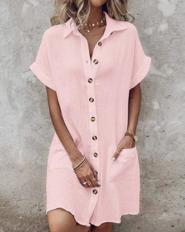 ÉLISE | ROBE DÉCONTRACTÉE AVEC COL COL RELEVÉ, MANCHES COURTES ET BOUTONS, AVEC POCHE