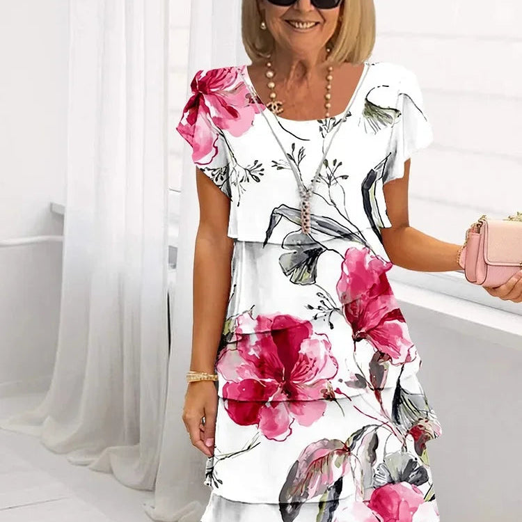 GISELLE™ | PLEATED FLORAL DRESS WITH RUFFLES