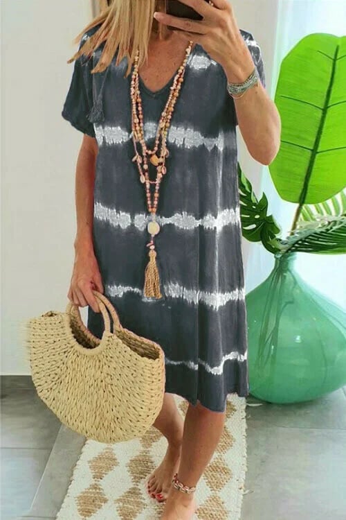 IVANA™ | ROBE T-SHIRT AMPLE À MANCHES CORTES ET RAYURES TIE-DYE