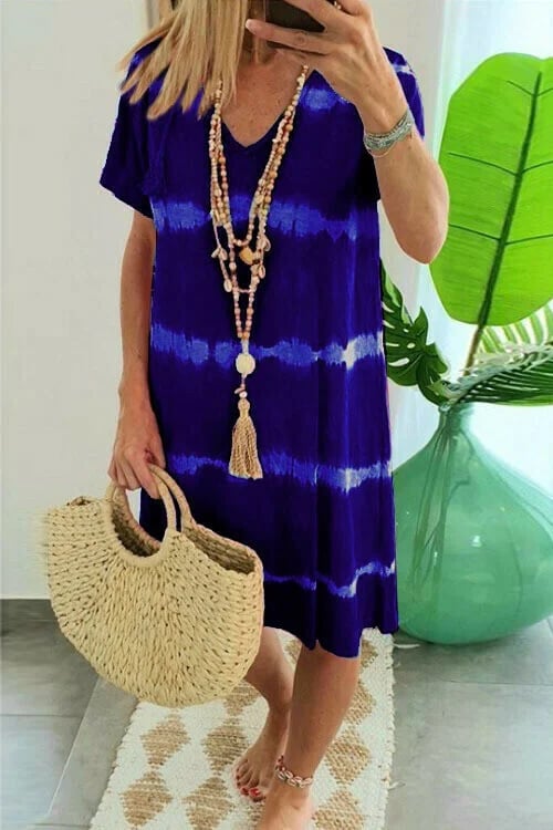 IVANA™ | ROBE T-SHIRT AMPLE À MANCHES CORTES ET RAYURES TIE-DYE