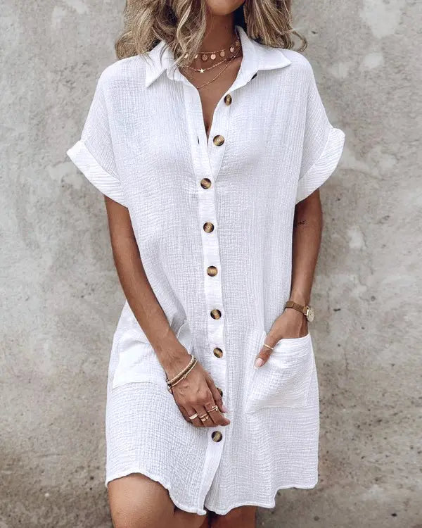 ÉLISE | ROBE DÉCONTRACTÉE AVEC COL COL RELEVÉ, MANCHES COURTES ET BOUTONS, AVEC POCHE