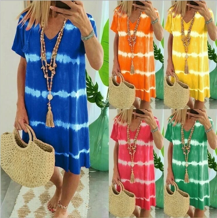 IVANA™ | ROBE T-SHIRT AMPLE À MANCHES CORTES ET RAYURES TIE-DYE