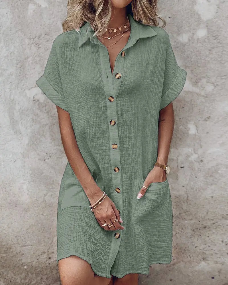 ÉLISE | ROBE DÉCONTRACTÉE AVEC COL COL RELEVÉ, MANCHES COURTES ET BOUTONS, AVEC POCHE