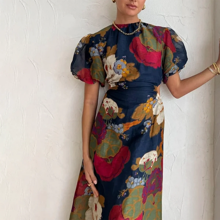 Robe longue bleu marine à col rond et manches courtes