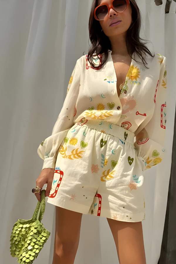 ALEXA - ENSEMBLE CHEMISE À MANCHES LONGUES ET SHORT IMPRIMÉ