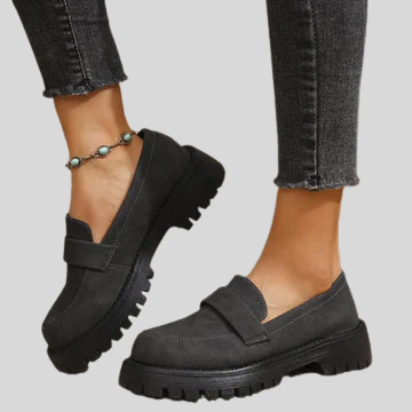 AMELIA | COMFORTABLE BLACK SUEDE LOAFERS WITH A THICK, PADDED SOLE