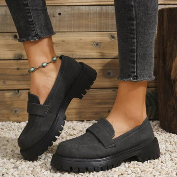 Amelia | Comfortable black suede loafers with a thick, padded sole