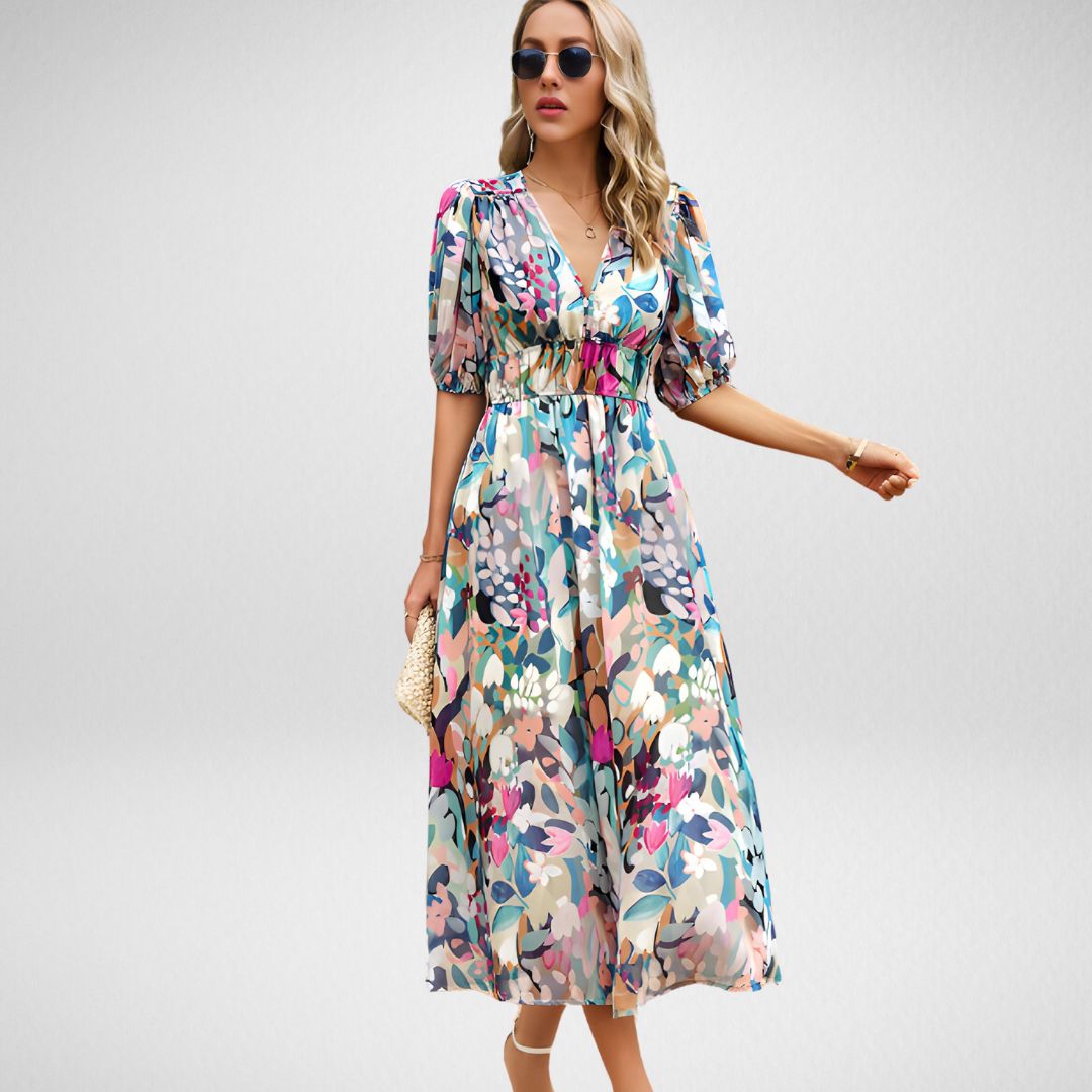 ABBY™| ROBE ÉLÉGANTE À COLl EN V ET MOTIFS VIBRANTS