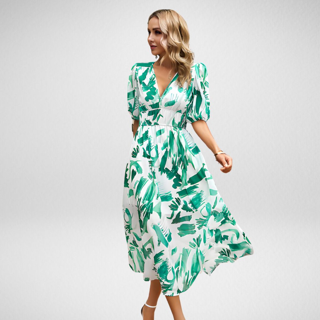 ABBY™| ROBE ÉLÉGANTE À COLl EN V ET MOTIFS VIBRANTS
