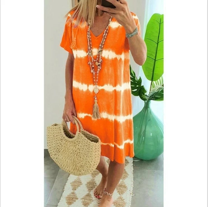 IVANA™ | ROBE T-SHIRT AMPLE À MANCHES CORTES ET RAYURES TIE-DYE
