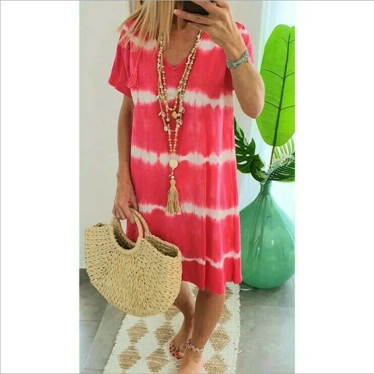 IVANA™ | ROBE T-SHIRT AMPLE À MANCHES CORTES ET RAYURES TIE-DYE