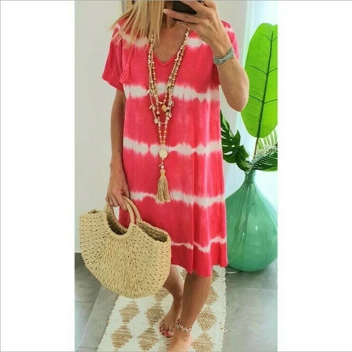 IVANA™ | ROBE T-SHIRT AMPLE À MANCHES CORTES ET RAYURES TIE-DYE