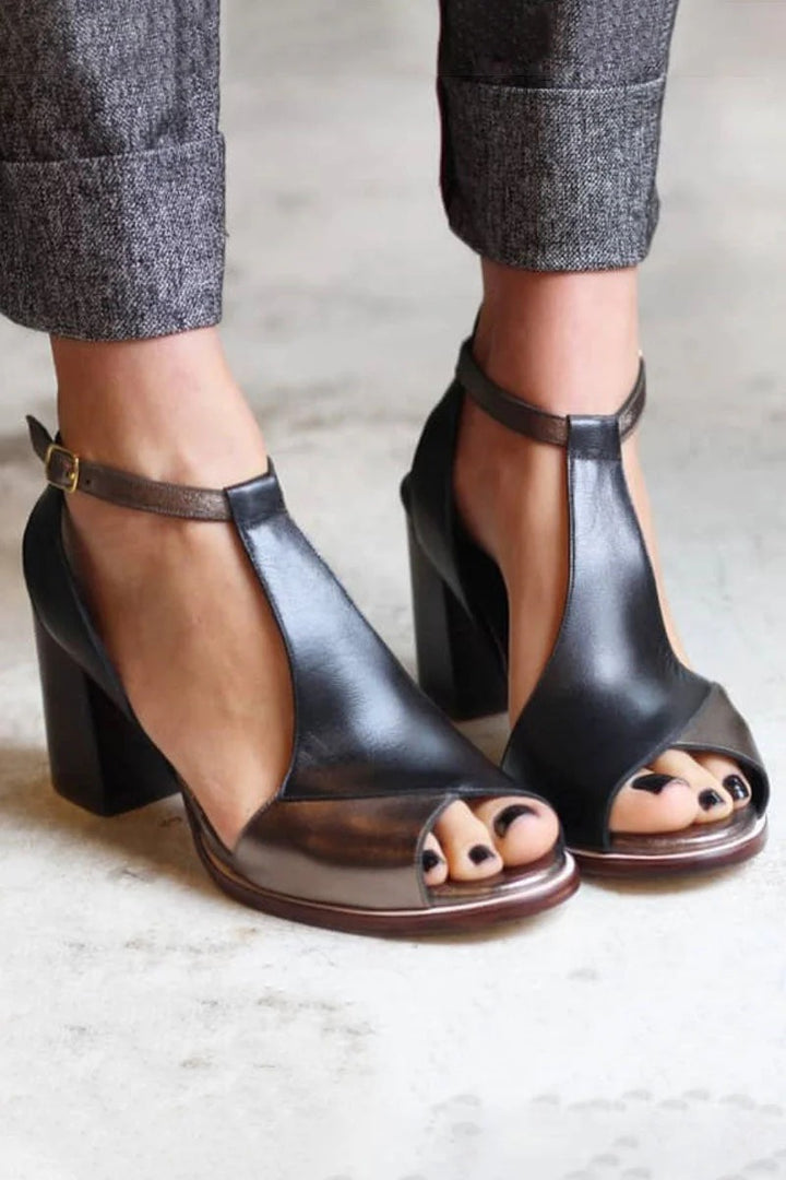 ANYAO™ | BLACK PATCHWORK OPEN-TOE HEEL SANDALS