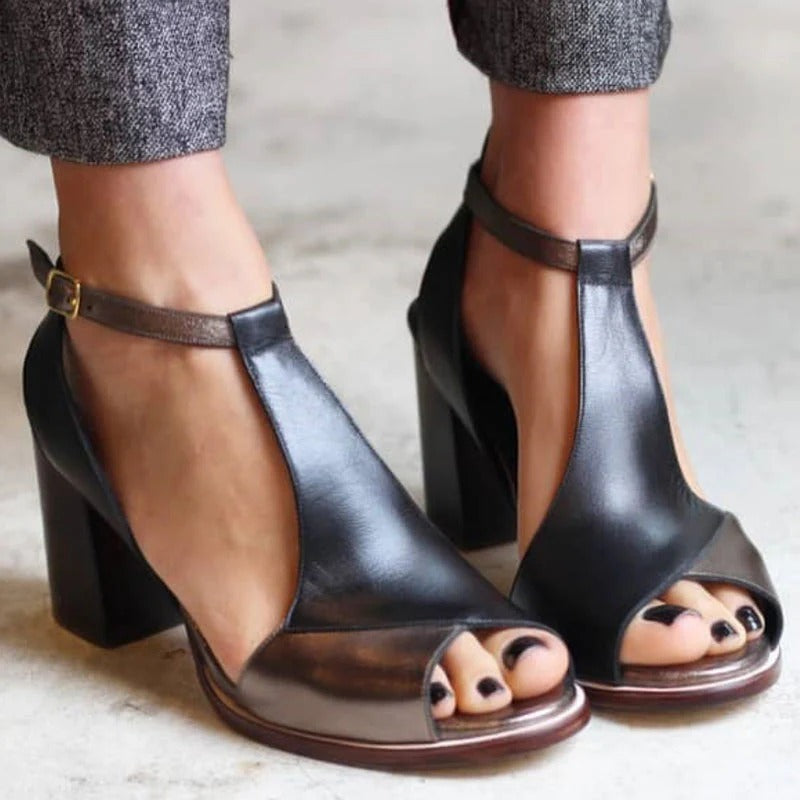 ANYAO™ | BLACK PATCHWORK OPEN-TOE HEEL SANDALS