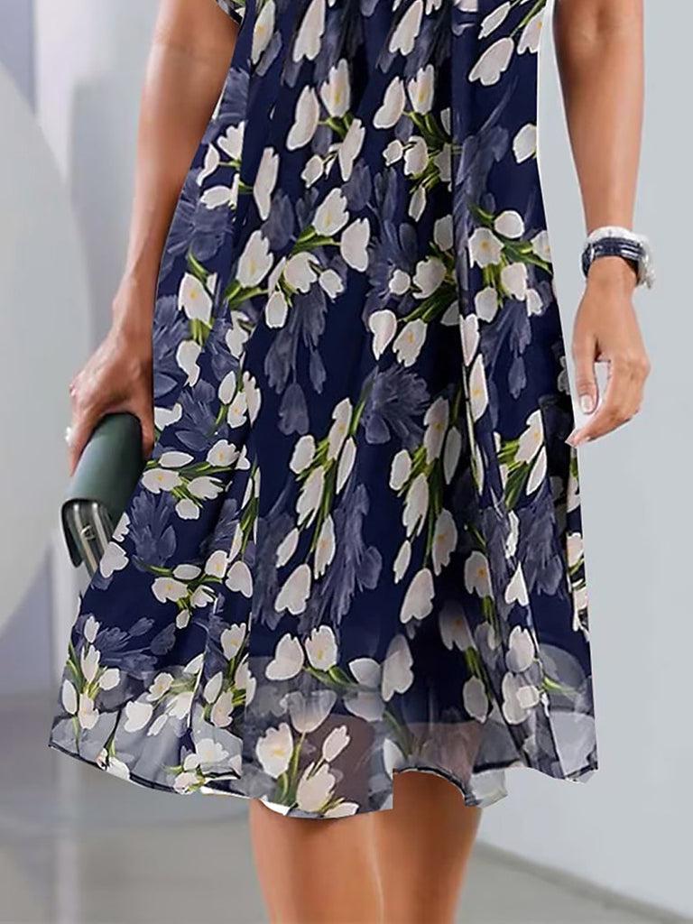 Robe midi bleue à manches courtes