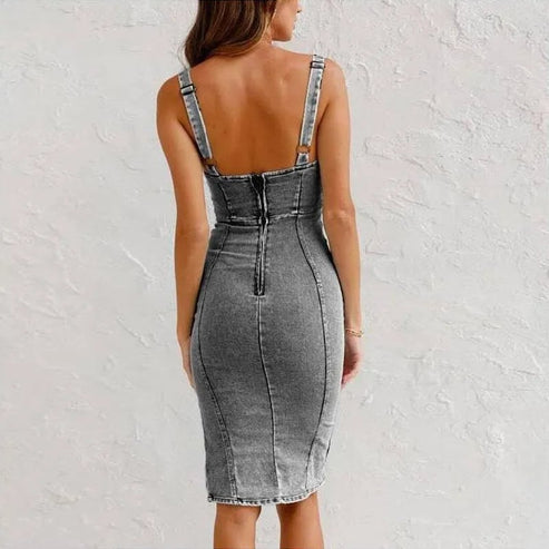 Robe camisole moulante fendue en denim à bretelles réglables et col en U