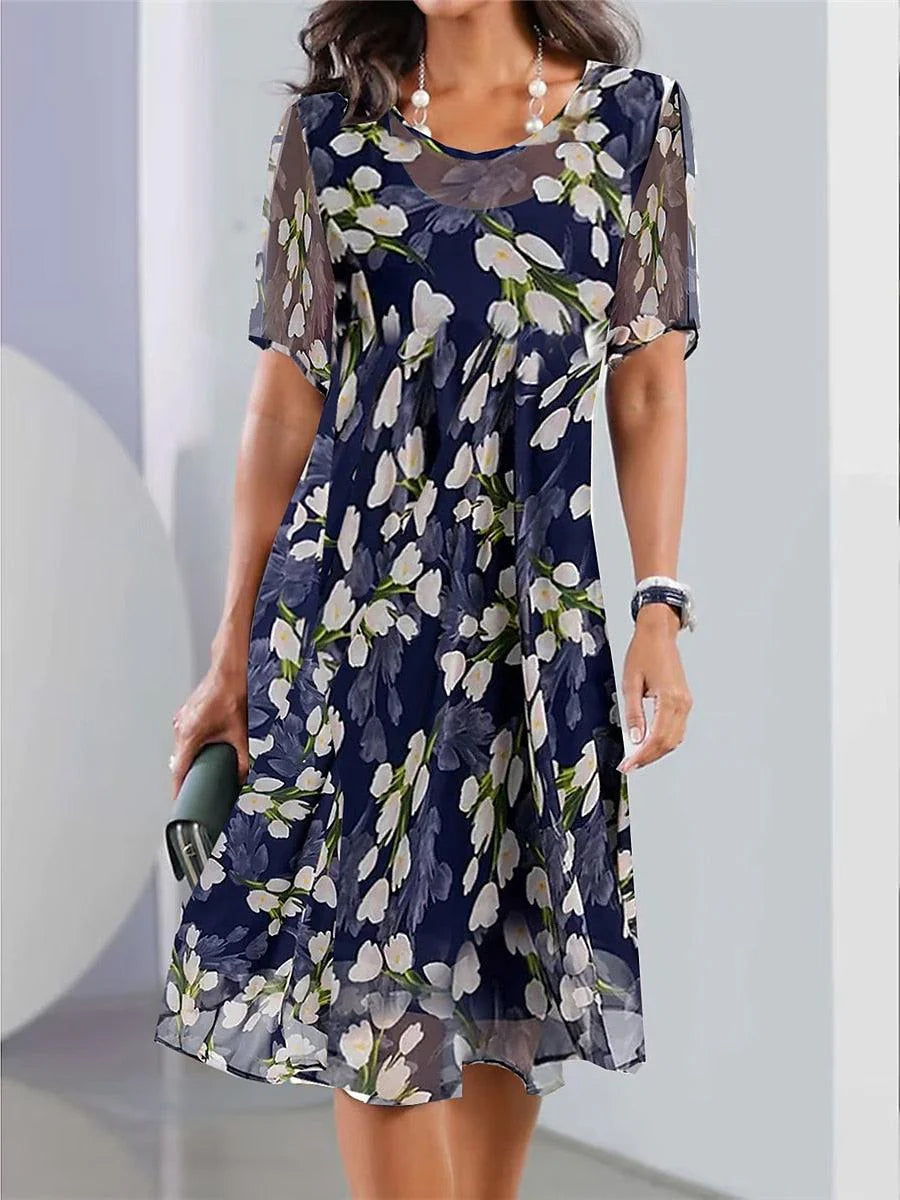 Robe midi bleue à manches courtes